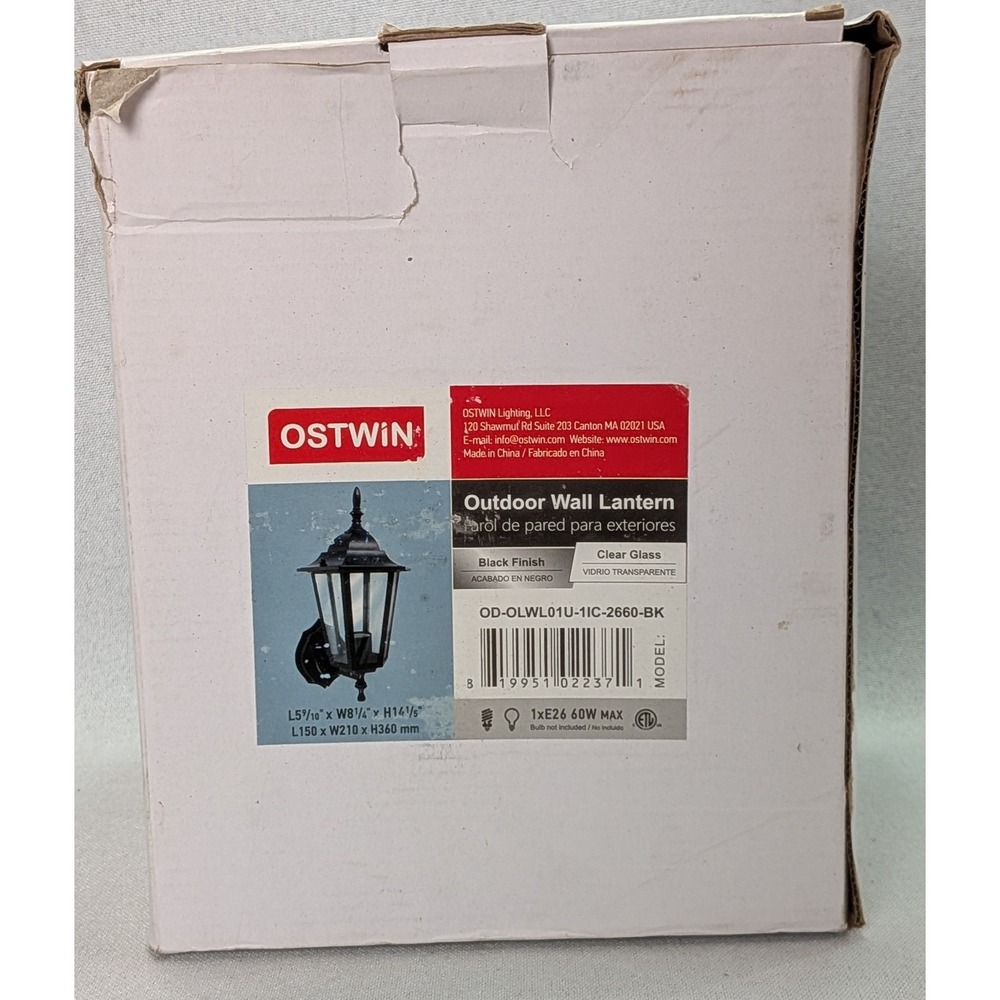 Ostwin Outdoor Wall Lantern Black Clear Glass NEW OD-OLWL01U-1IC-2660-BK Classic